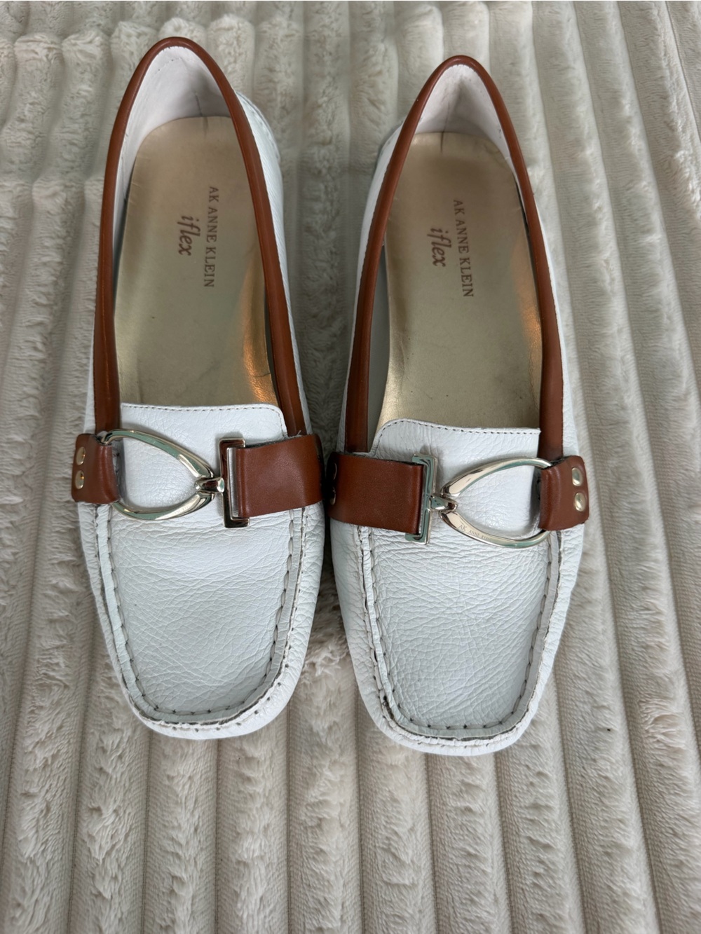 Anne Klein White and Brown Leather Slip-On Loafers with Silver Accent